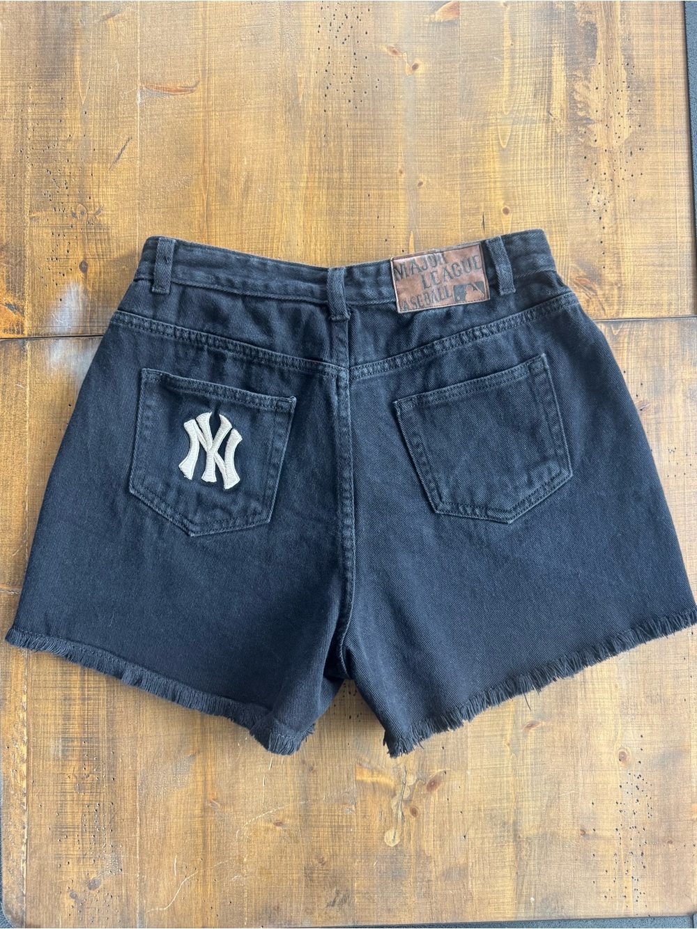 MLB Black Denim Cutoff Shorts with White NY Yankees Patch